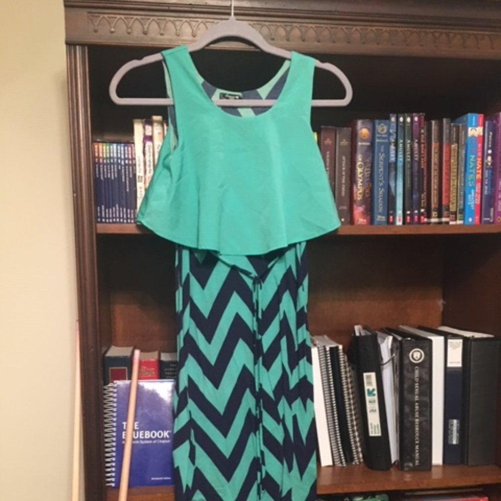 Hi-low dress, green & navy chevrons.  Size 10